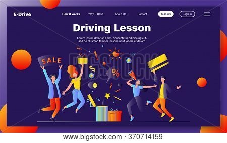 Customers Celebrating Sale. People Holding Gift, Credit Card, Loudspeaker, Dancing, Having Fun. Vect