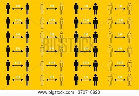 Set Of Pictogram Icons On Social Distancing. 1, 1.5, 2 Meters, 3, 4.5, 6 Feet, Simple Graphic, Black