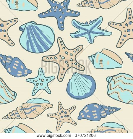 Seamless Pattern With Seashells And Starfishes. Marine Background. Vector Illustration In Sketch Sty