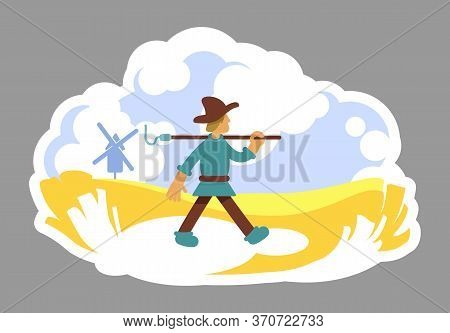 Grower 2d Vector Web Banner, Poster. Golden Grain Plantation. Windmill On Horizon. Farmer With Hoe F