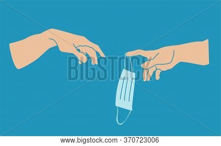 Creation Of Adom With A Medical Mask Vector. Hand Hholding Medical Mask Illustration. Concept Of Hel