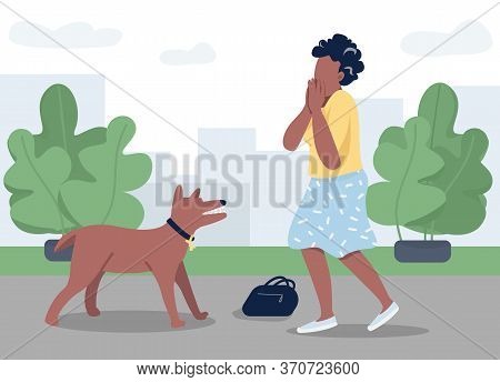 Dog Attack Flat Color Vector Illustration. Young Woman Afraid Of Rabid Animal 2d Cartoon Character W