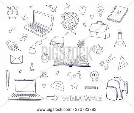 School Clipart. Hand Drawn Doodle Vector Objects. Set Of Education Elements. Alarm, Laptop, Book, Ba