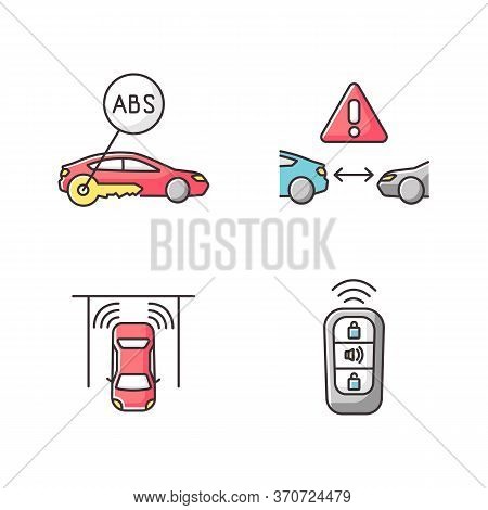 Smart Driving Safety Systems Rgb Color Icons Set. Driver Assistance. Anti Lock System, Cruise Contro