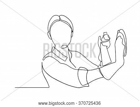 Continuous Line Young Woman With A Puffer And A Rag In Her Hands. The Concept Of Cleaning Offices An
