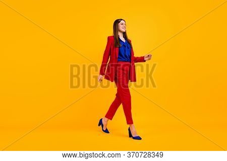 Full Body Profile Photo Of Attractive Self-confident Business Lady Bossy Walk Office Center Wear Spe