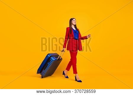 Full Size Profile Photo Of Attractive Business Lady Walk Airport Flight Registration Rolling Suitcas