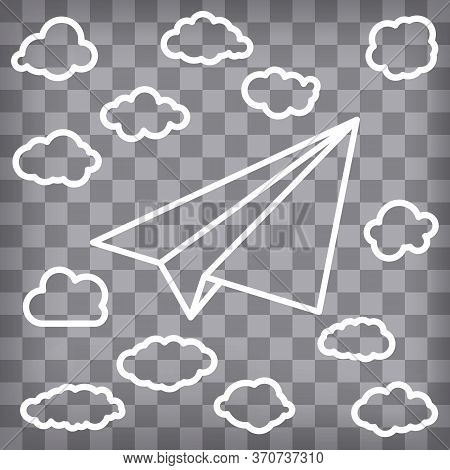 White Linear Paper Airplane With Clouds On The Chequered Backgro