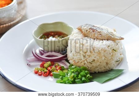 Fried Rice Or Stir-fried Rice With Fish, Rice Topped With Mackerel