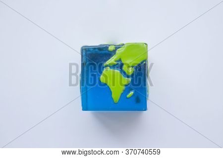 Earth Square Globe On White Background. Mock Up. Flat Lay Composition