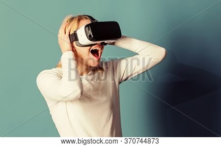 Funny Woman Experiencing 3d Gadget Technology - Close Up. Woman Enjoying Cyber Fun Experience In Vr.