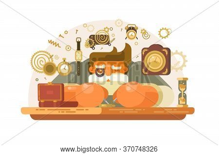 Old Watch Repairer At Workplace Vector Illustration