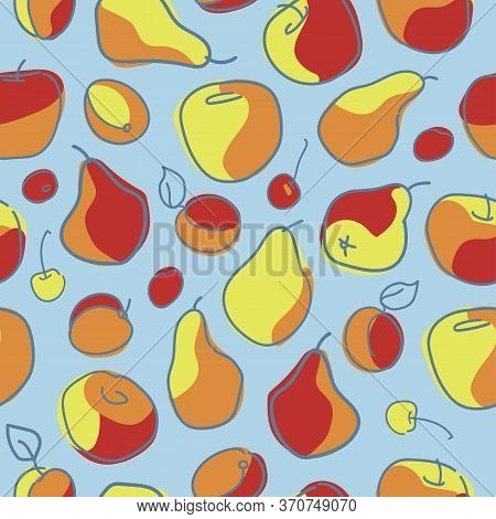 Vector Seamless Pattern With Pears, Apples And Cherry. Composition Of Ripe Fruits And Berries On A L