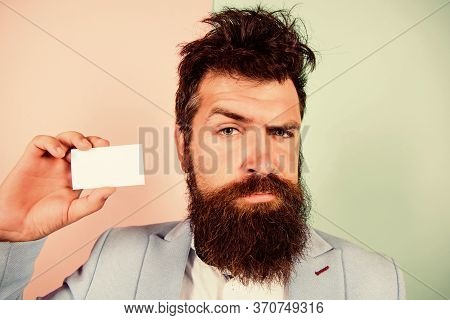 Banking Services. Confident Businessman. Blank Piece Of Paper. Barbershop Concept. Best Barber Maste