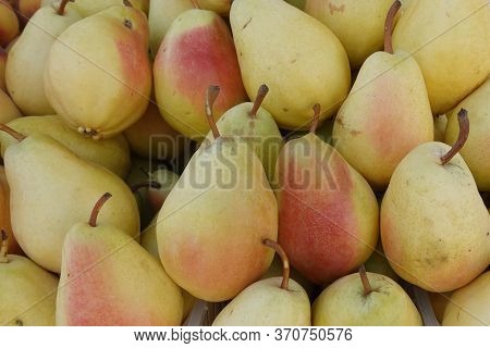 Yellow Red Pears Pile Of Fresh Fruit Background.