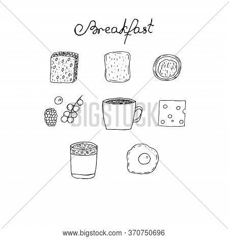 Breakfast Set, Vector Illustration, Bread Slices, Jam, Berries, Coffee, Cheese Slice, Milk Dessert, 