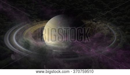 Planet Saturn In Clubs Of Plasma Clouds In Outer Space. It Is The Sixth Planet From The Sun And The 