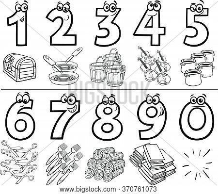 Black And White Cartoon Illustration Of Educational Numbers Set From One To Nine With Different Obje