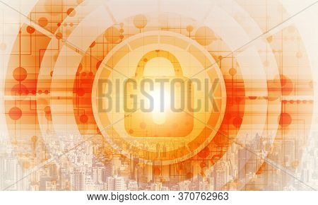 Global Cybersecurity Mixed Media With Virtual Locking Padlock On Cityscape Background. Data Cryptogr
