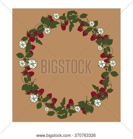 A Wreath-shaped Pattern With Yellow Raspberries, White Flowers And Green Leaves In The Shape Of A Ci