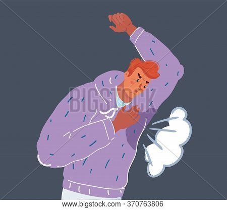 Vector Illustration Of Man With Hyperhidrosis Sweating Very Badly Under Armpit In Blue Shirt