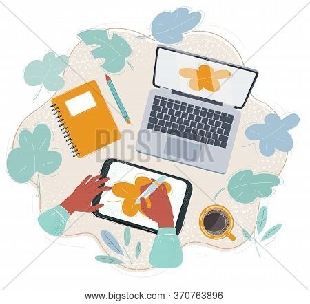 Vector Illustration Of Tablet And Stilys. Artist Make Draw, Working On Workplace.