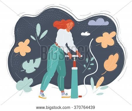 Vector Illustration Of Woman With Air Pumper Pressure. Pump It Up Concept.