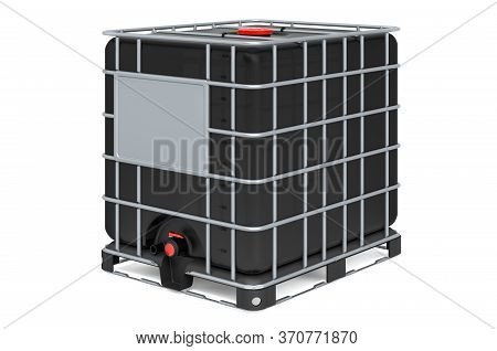 Black Intermediate Bulk Container Tank With Metallic Skeleton And Plastic Pallet, 3d Rendering  Isol