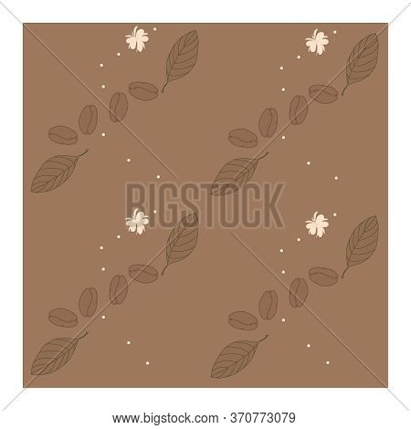 Seamless Pattern With Drawn Coffee Beans, Leaves And White Coffee Tree Flowers On A Light Brown Back