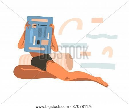 Hand Drawn Vector Abstract Stock Graphic Illustration With Young Female Reading Newspaper At Home An