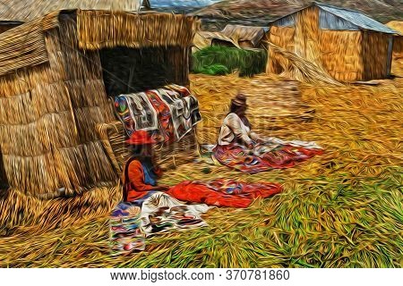 Indigenous Women Selling Typical Rugs At The Uros Village On Floating Islands Made Of Totora Reeds I