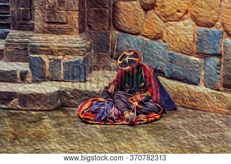 Indigenous Woman Wearing Typical Clothes Seated On Street Of Cusco Historic City Center. The Ancient