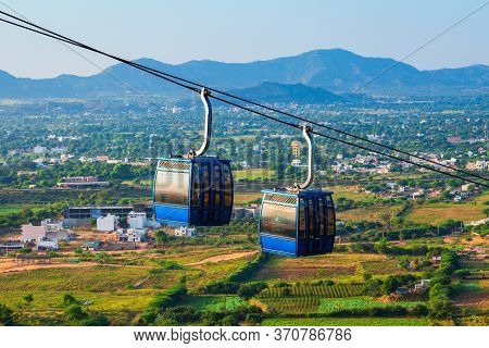 Cable Car From Pushkar Town To Savitri Mata Temple Aerial Panoramic View In Rajasthan State Of India