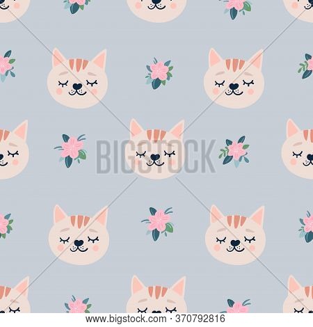 Seamless Pattern With Cat Head Face With Closed Eyes And Flowers. Cute Cartoon Funny Character On Gr