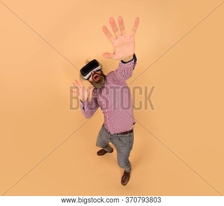 Vr Glasses. Scared Man In Virtual Reality Headset. Future. Future Technology Concept. Men Using Vr H