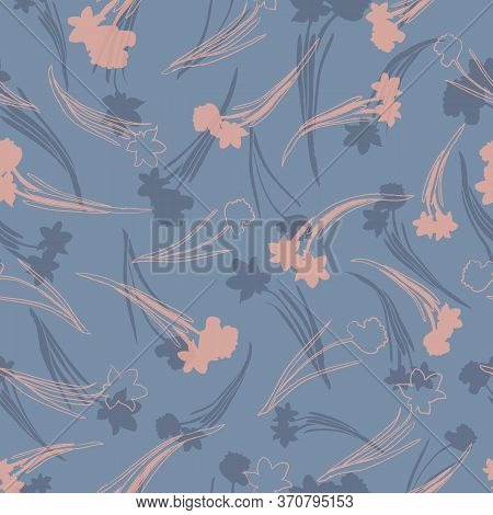 Pink Daffodils On Blue Background Seamless Pattern. Vector Illustration. Surface Pattern Design. Per