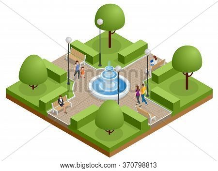 Isometric Eople Relaxing And Walking In The Park Near The Lake. Active And Healthy Relaxation.