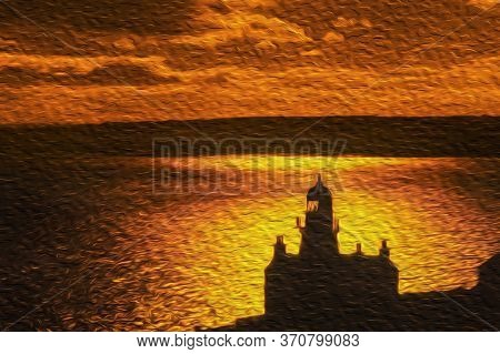 Holborn Head Lighthouse On The Edge Of Rocky Cliff At Sunset In Front Of The Sea Near Thurso. A Form