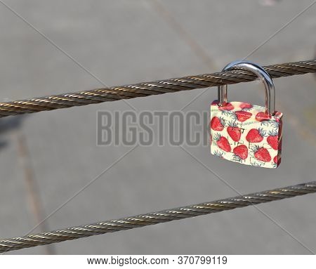 Eternal Love. Ich Liebe Dich (i Love You) Etched On A Padlock Decorated With Strawberries