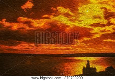 Holborn Head Lighthouse On The Edge Of Rocky Cliff At Sunset In Front Of The Sea Near Thurso. A Form