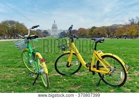 Washington, D.c., Usa - November 12, 2017: Two Bicycles, Parts Of The Dockless Bike-sharing System, 