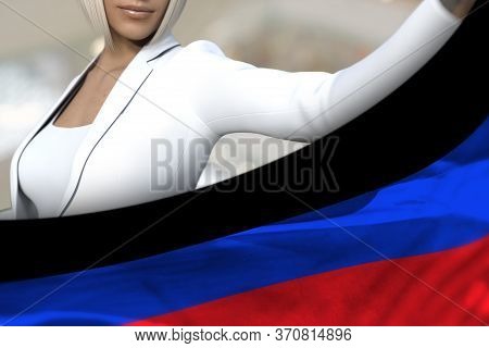 Sexy Business Lady Is Holding Donetsk Peoples Republic Flag In Front Of Her On The  Mall Background 