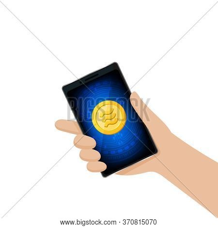 Coin Gold Logo Libra Calibra Currency In Smart Phone Screen, Hand Holding A Smartphone And Libra Cal