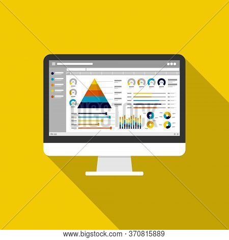 Web Statistics Analytic Charts On Computer Screen Icon. Flat Vector Infographic Trend Graphs Informa