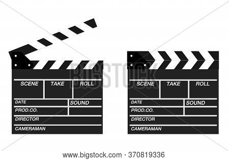 Two Movie Clappers Open And Close Isolated On White Background. Shown Slate Board.realistic Movie Cl