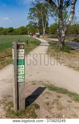 Rijssen, Netherlands - April 27, 2020: Direction Sign For Bicycle Tracks In National Park Sallandse 