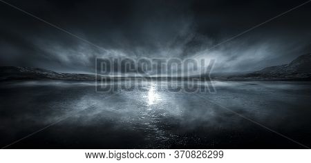 Modern Futuristic Fantasy Night Landscape With Abstract Islands And Night Sky With Space Galaxies. M