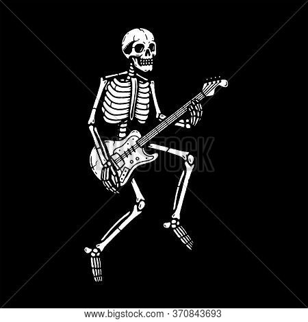 Skeleton With Electric Guitar White Black Background