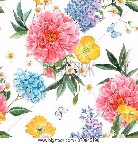 Beautiful Vector Seamless Pattern With Watercolor Pink Peony, Blue Hydrangea And Lilac Summer Flower