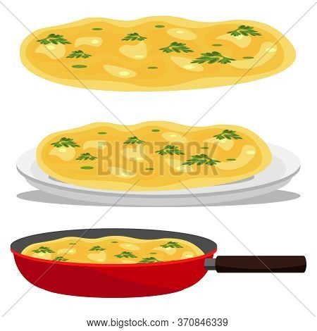 Omelette. Set Of Three Omelets: In A Pan, On A Plate And Isolated On A White Background. Vector Illu